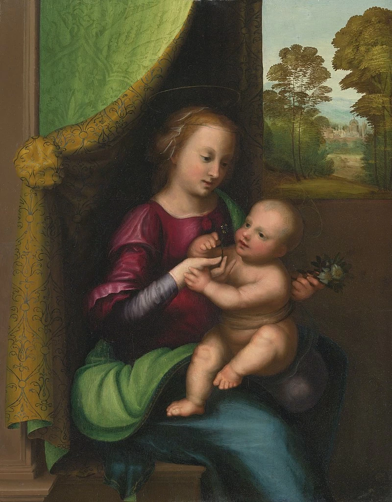 Madonna col Bambino accanto a una finestra, un paesaggio oltre